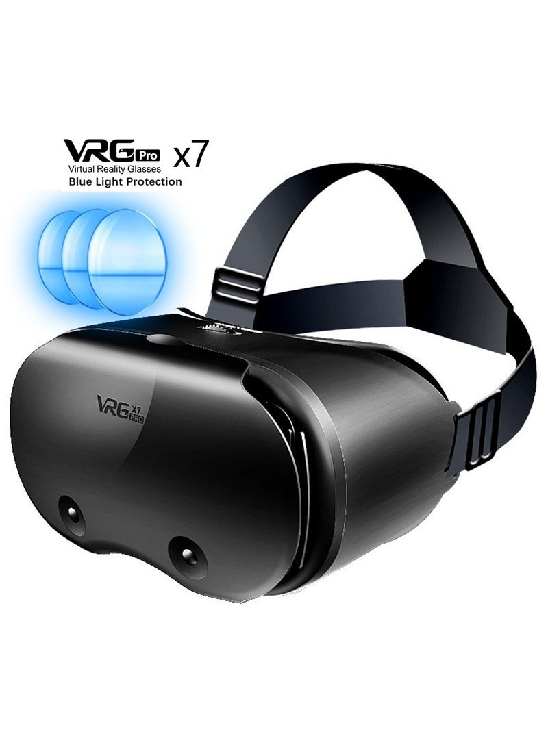 VRG VR Goggles VRG Pro X7 3D Virtual Reality VR Glasses, Blue Light Protection + Controller for Movies & Video Games Compatible with iOS & Android Smartphone within 5-7inch Screen Phone Eye Protected Soft & Comfortable Adjustable Distance Big Screen/ 3D Effect + Immersion /Full-Screen Vision, Full Screen, No Borders/ Immersive Games - Image 1